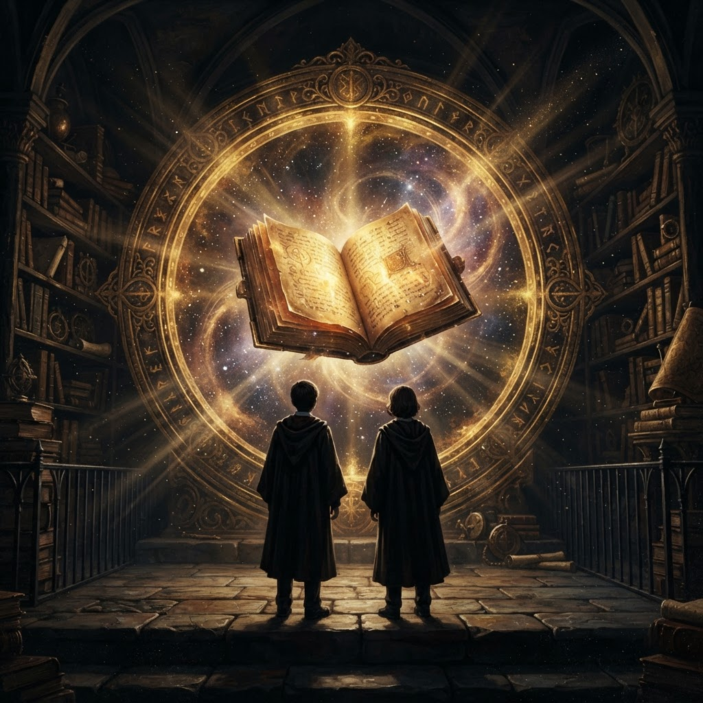 Two students gazing at a glowing book of knowledge inside a golden cosmic portal